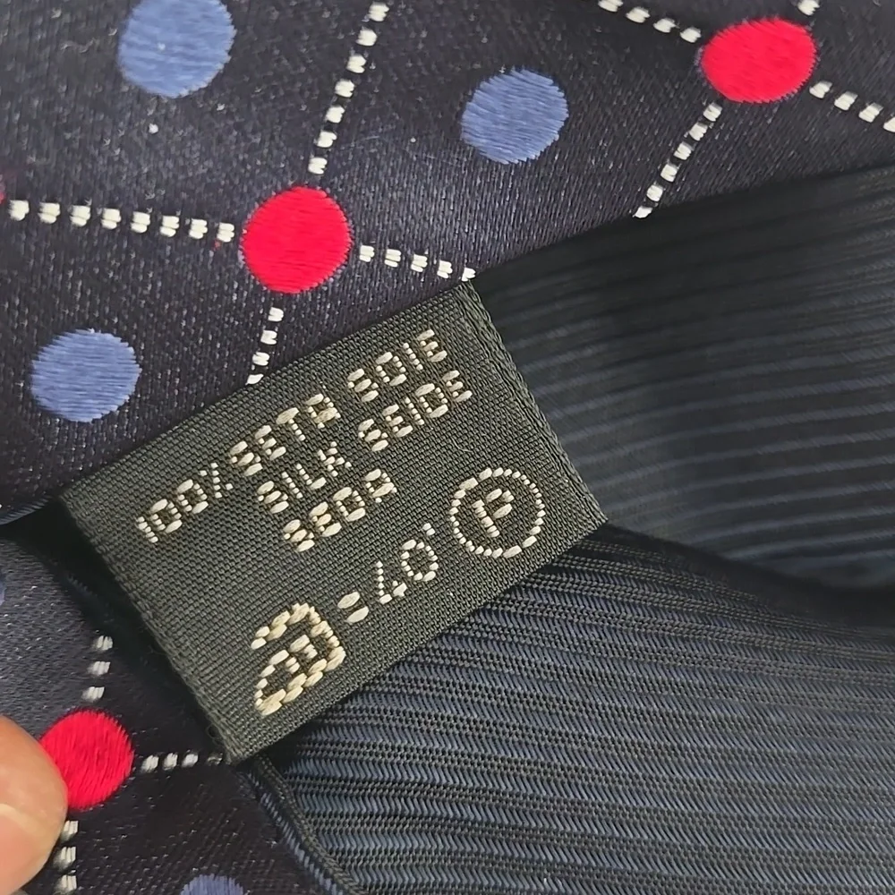 Ermenegildo Zegna Navy Geometric Silk Tie with Red and Light Blue Dots